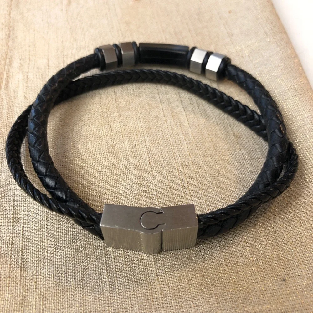 Mens Double-Row Braided Leather Bracelet Bangle Wristband Trendy
